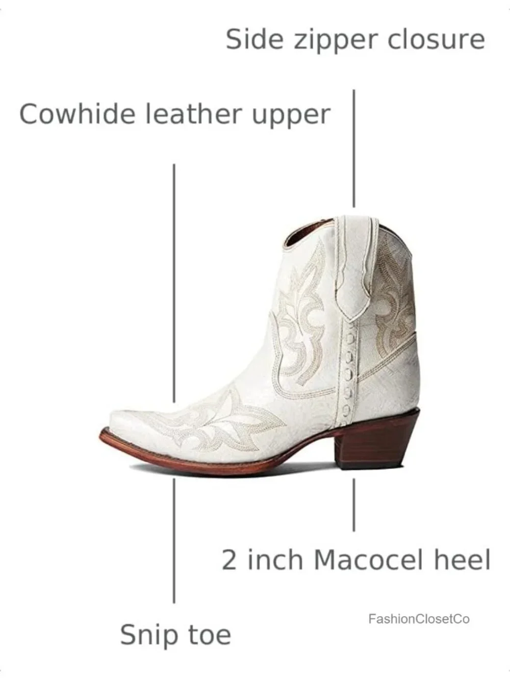 Women's Cowhide Leather Western Cowboy Ankle Boots with Embroidery and Zipper